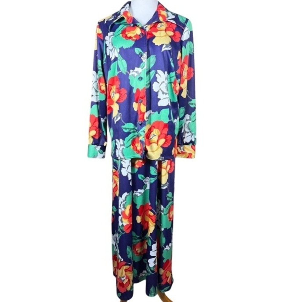 Vintage Sears Fashions Floral Maxi Dress and Jacket Set Navy Blue 70s Retro 22.5